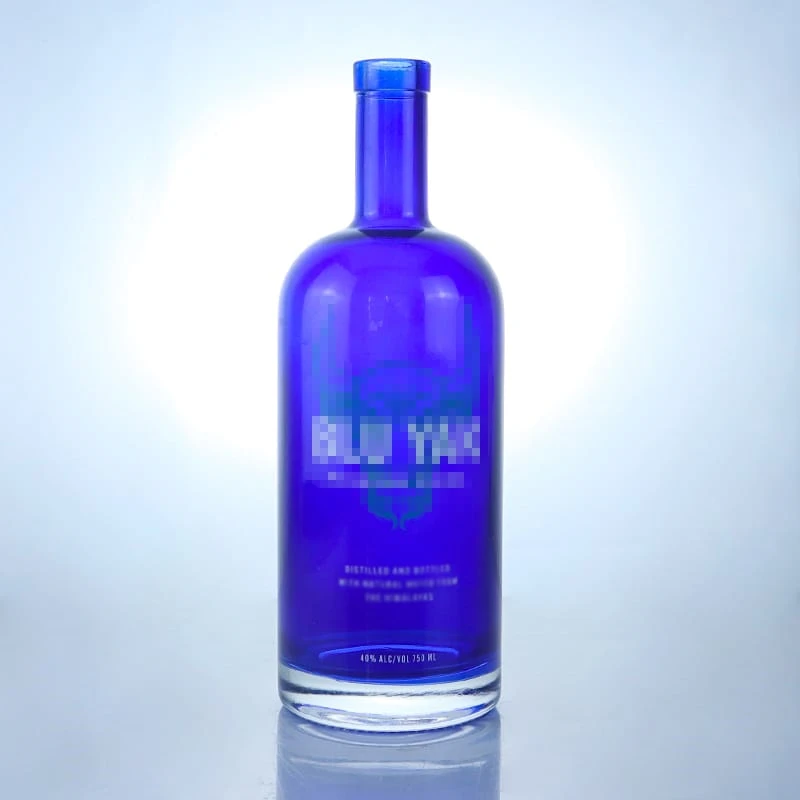 087-750ml spray blue clear bottom vodka bottle with cork cap