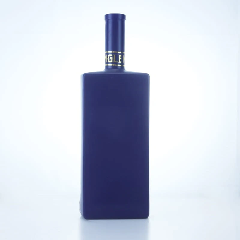 104- 750ml Long neck flat square sprayed dark blue vodka bottle with cork