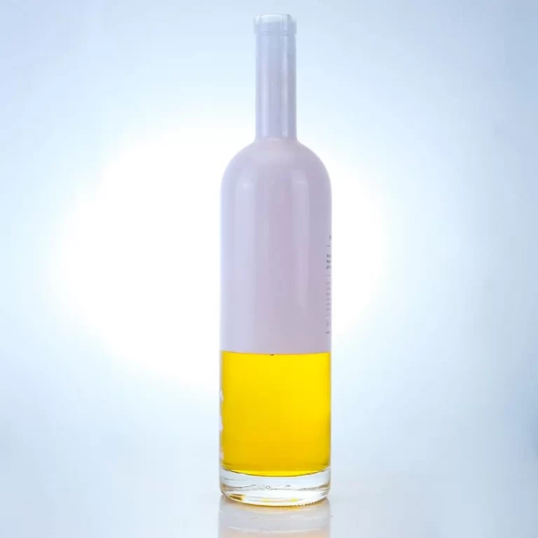 117- 750ml Round tall sprayed white half and clear half vodka glass bottles with cork