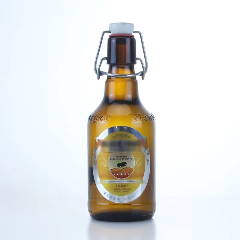 240 - Customized Logo Embossed 300ml Amber Glass Beer Bottle With Swing Cap